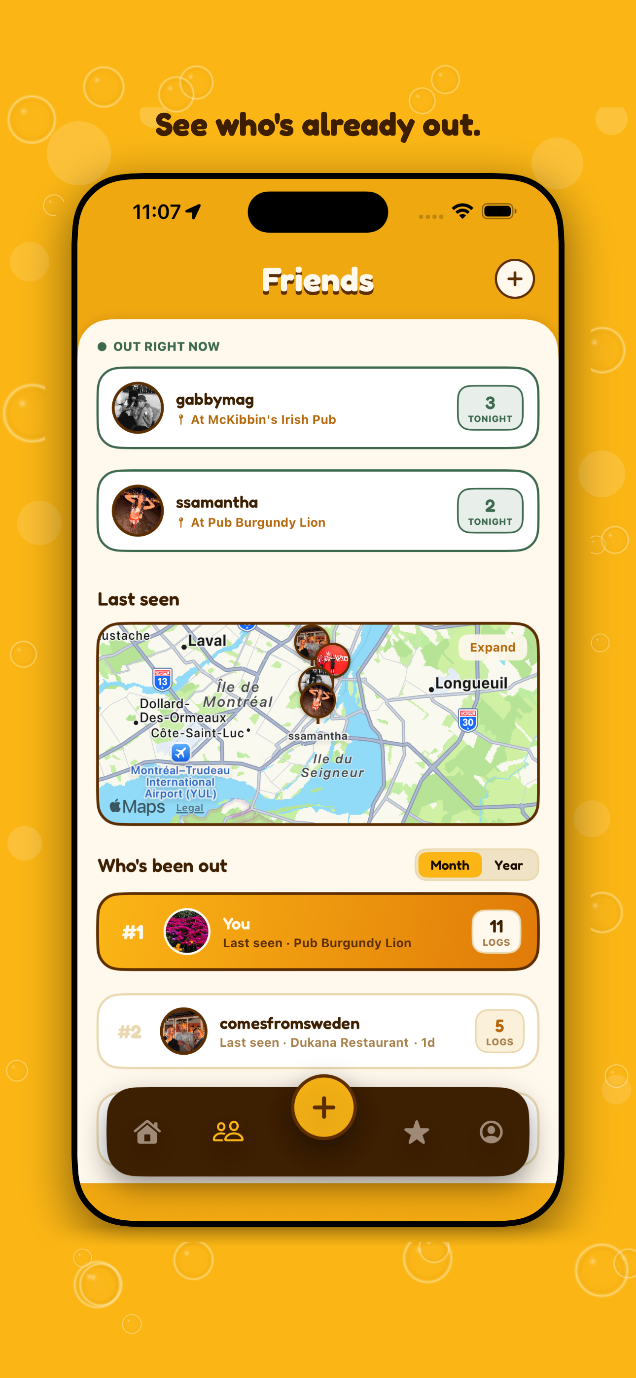 ontap friends map showing who's out